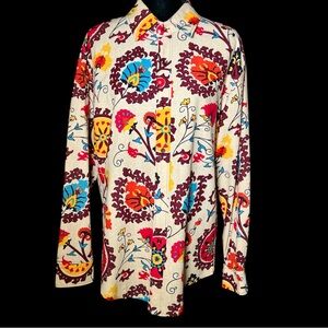 Luc Matton - Men's Suzani Print Cotton-Linen L/S Button Front Shirt - Size M/L